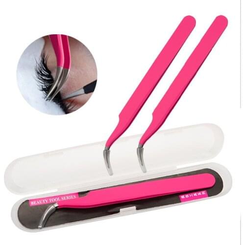 Fashion Rose Red Tweezers Stainless Steel Eyelash Extension Tools Straight Curved Professional Portable Eyebrow DIY Tweezers
