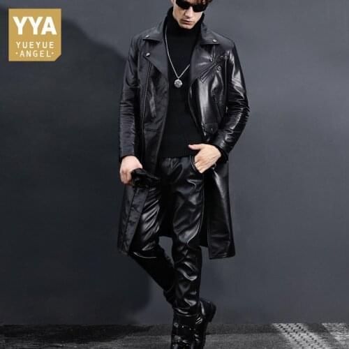 Genuine Leather Trench Coat Men Slim Fit Black Motorcycle Jacket Winter New Windbreaker Cow Leather Long Jackets Plus Size 5XL