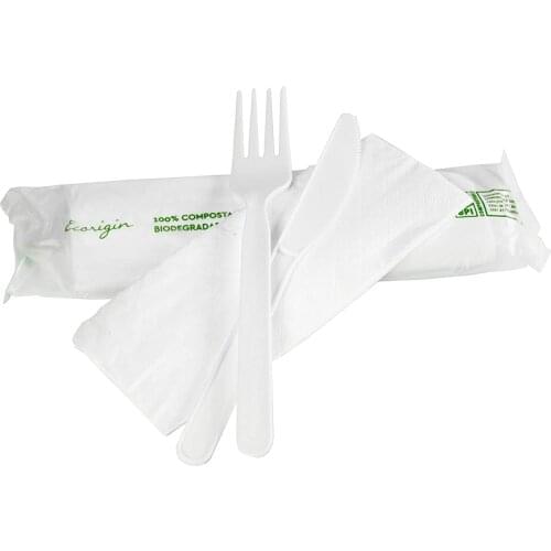Set covered to carry. Biodegradable PLA cutlery set. Fork, knife and napkin. PLA container bag