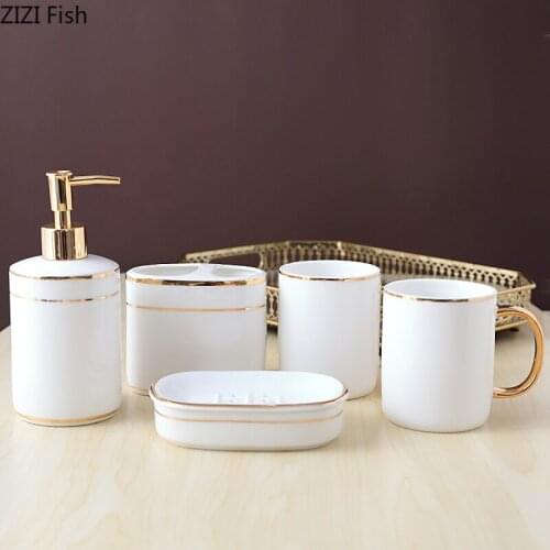 Bathroom Set Golden Stripes Ceramic Toiletries Shower Gel Bottle Hand Washing Fluid Bottle Soap Dishes Portable Soap Dispensers