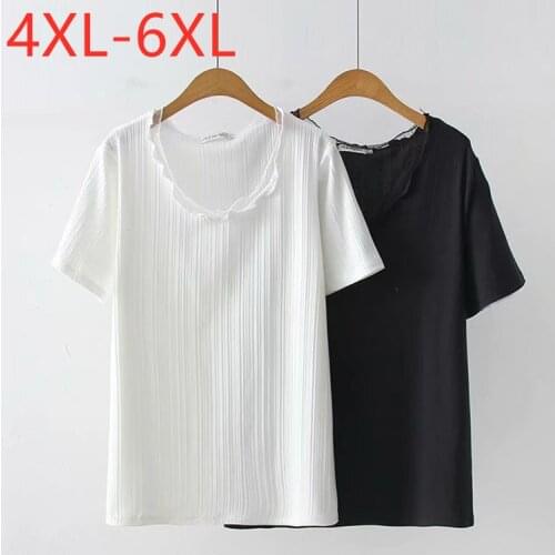 New 2021 Ladies Summer Plus Size Tops For Women Large Short Sleeve Loose White Cotton Lace Jacquard Weave T-Shirt 4XL 5XL 6XL