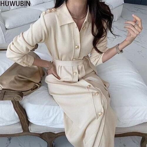 2021 Summer New Korean Version Chic Lapel Single Breasted Knitted Cardigan Long Sleeve High-End Womens Fashion Elegant Dress