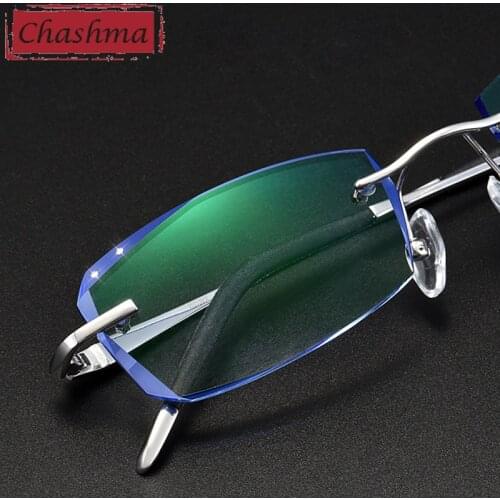 Anti Blue Ray Rimless Frame Men Prescription Glasses Blue Colored Lenses for Eye with Diamonds Myopia Spectacles