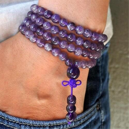 6mm Amethyst Crystal 108 Beads Handmade Tassel Necklace Bracelet Classic Retro Meditation Buddhism Wristband Spirituality