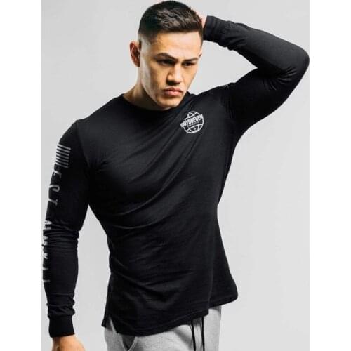 Casual Long sleeves t shirt Men Gym Fitness Cotton Slim T-shirt Male Workout Black Print O-Neck Tees Tops Fashion Brand Apparel