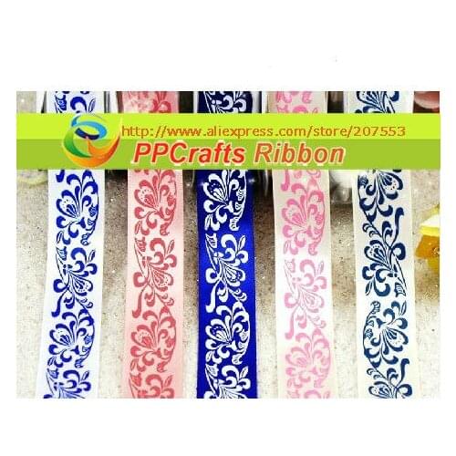 PPCrafts Ribbon Bulk/OEM 1 inch 25mm Single Face Satin blue and white porcelain series Printed Satin ribbon 50yds/roll