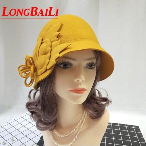 Wool Cloche Hats For Women Chapeu Yellow Bucket Hat Felt Ladies Floral Church Hat Free Shipping PWFR057