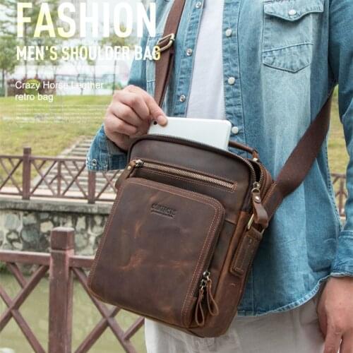 Retro Genuine Leather Mens Shoulder Bag Small Messenger Crossbody Bags Crazy Horse Leather Male Vintage Soft Men Versatile