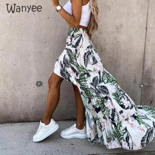 2021 Womens Summer Bohemian Retro Beach Style Floral Printed High Waist Elegant Casual Skirt Irregular Front Short Back Long