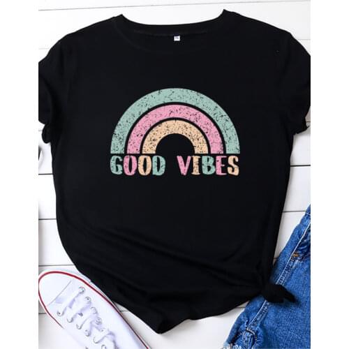 Rainbow Bridge Good Vibes Print Women T Shirt Short Sleeve O Neck Loose Women Tshirt Ladies Tee Shirt Tops Camisetas Mujer
