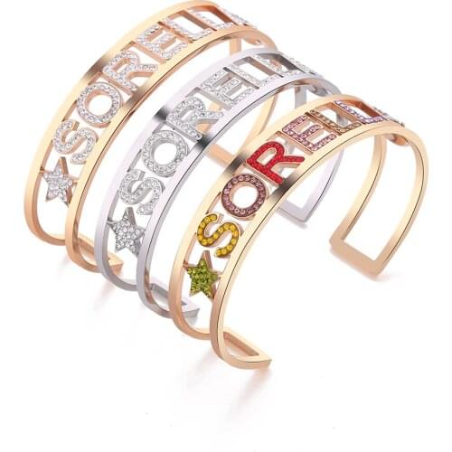 New Stainless Steel Letter SORELLA Bangle Bracelet For Women Colorful Crystal Heart Bangle Gift For Family Female Jewelry 2019