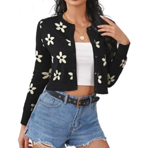2021 Autumn Women Short Knit Cardigan Embroidered Flower Print Long Sleeve Adults Button-down Round Neck Sweater