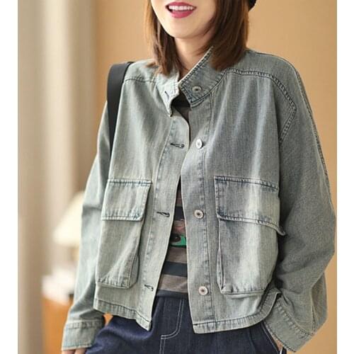 Johnature Women Vintage Denimshort Coat Turn-down Collar Long Sleeve Pocket Loose Jacket 2021 Autumn New Solid Color Casual Coat