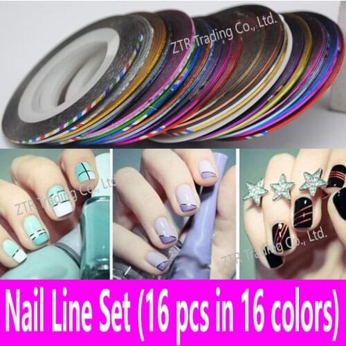 1set 16pcs Nail Art Decorations Nail Lines in 16 colors Roll Striping Adhesive Tape Golden Silver Metallic Strings Sticker Tools