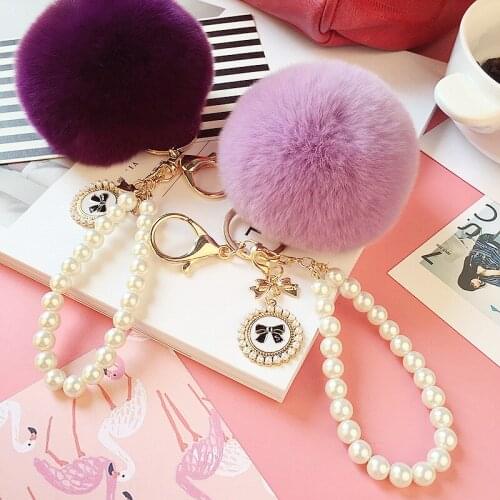 20pcs cute key chain pearl chain plush 8cm rex rabbit hair ball keychain female bag pendant hair ball car ornaments trinkets