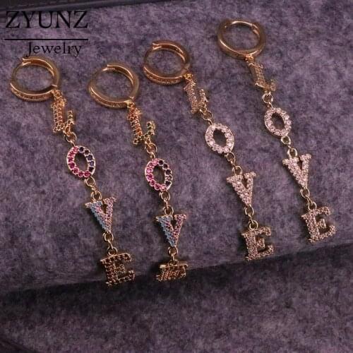 4 Pairs, CZ Crystal Love Letter Long Dangle Earrings Elegant Jewelry Gold Color Engagement Brincos For Lover Jewelry Gift