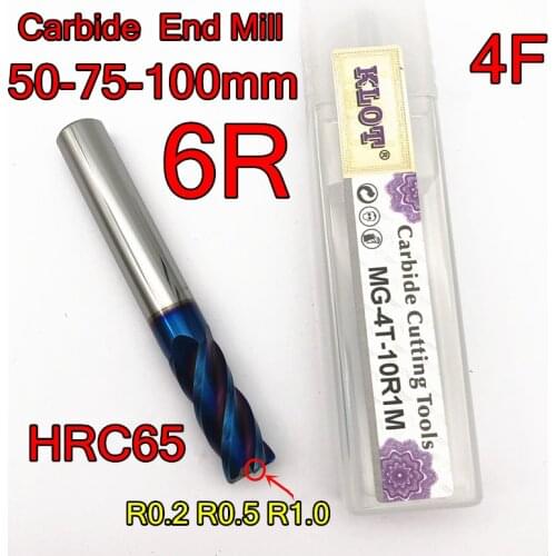 6mm=6R-R0,2 R0.5 R1.0-50mm 75mm 100mm Petiole 4 mm Japan KLOT HRC65 Solid carbide 4F R Angle End Mill Free shipping