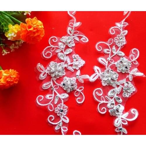 Free shipping Hand made crystal sequins patches 26*11cm sew on Rhinestones Ivory lace applique for dress DIY accessories