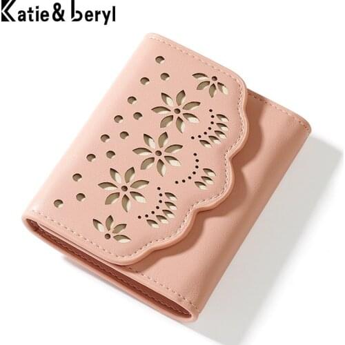 Brand Designer Short Three Fold Wallet Women Hollow Carved Design Pu Leathe Card Holder Coin Purse Female Clutch Wallet Ladies