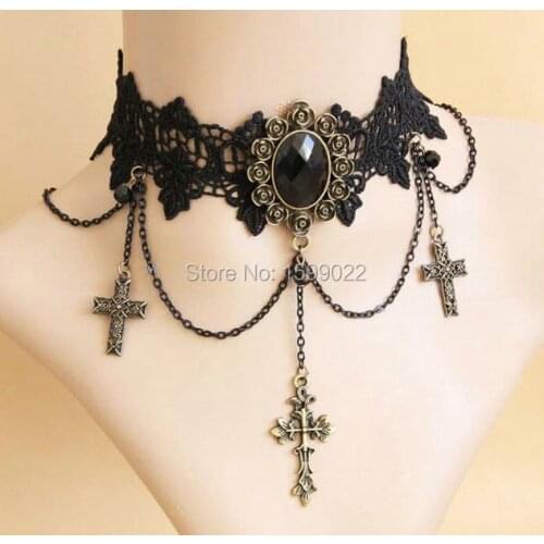 Goth Crucifix Bronze Pendant Jesus Jewelry Christian Necklace Woman Black Rhinestone Lace Woman Choker Victorian Wedding Jewelry