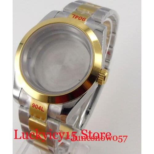 BLIGER Two Tone Gold 39MM Polished Watch Case fit NH35A NH36A See-through Glass Back Oyster Band