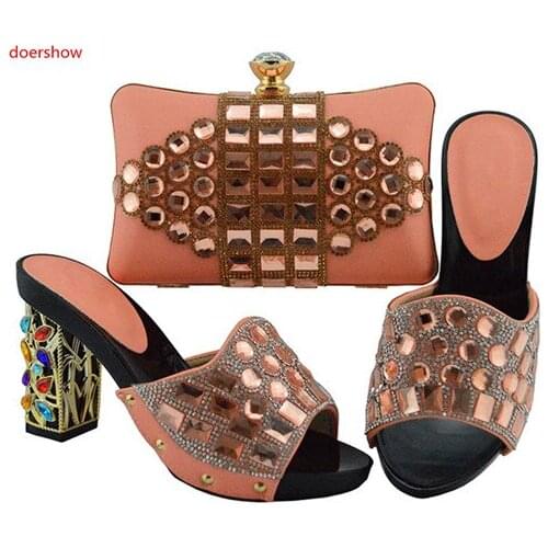 Doershow New Arrival African Style peach Shoes and Bag Set Nigerian Party Shoes and Bag Set Wedding Shoes and Bag SUU1-5