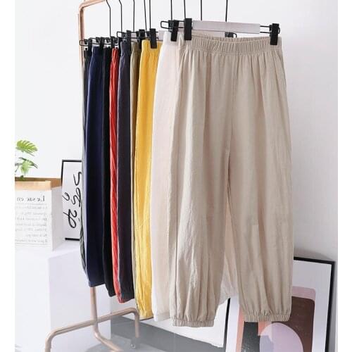 Summer High Waist Loose Sweatpants Female Solid Casual Elastic Plus Size Harem Pants Linen Pants Women Trousers