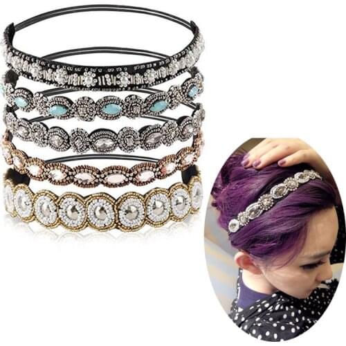 Ethnic Turquoise Handmade Beads Flower Rhinestone Headband Women Girl Elastic Wedding Hairbands Hair Accessories Bridal Top Sale