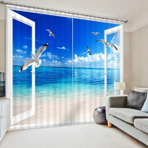 European Curtains Photo Painted 3D Curtain Living room blue window curtains