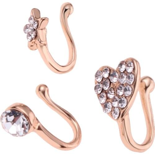 3 Pcs Charm Women Flower Heart Pentagram Crystal Metal Nose Ring Rose Gold