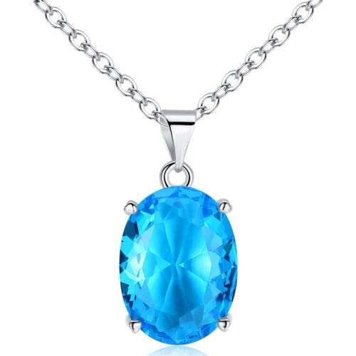 Simple Female Aqua Blue Pendant Necklace Classic Silver Color Wedding Necklace Charm Crystal Oval Chain Necklace For Women