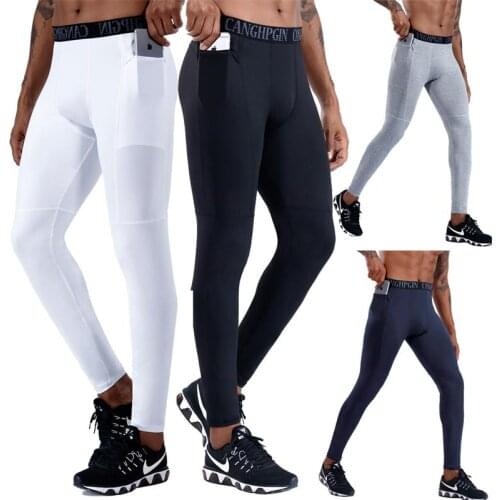 Men Pocket Running Sportswear High Elastic Training Solid Gym Mens Leggings Stripe Quick Dry Compression Jogging Sweatpants Male