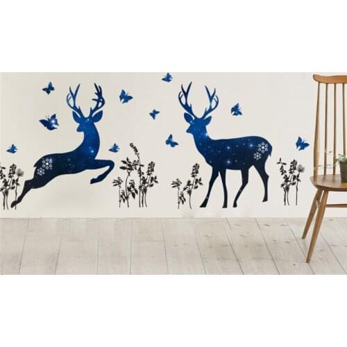 Sika Deer With Butterflies Wall Stickers For Kis Room Decoration 3d View Scenery Mural Art Diy Home Decals Animals Posters