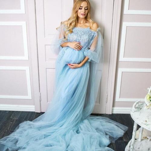 Sky Blue Maternity Dresses A Line Long Sleeve Maternity Gown for Photoshoot Boudoir Lingerie Robe Bathrobe Nightwear Babydoll