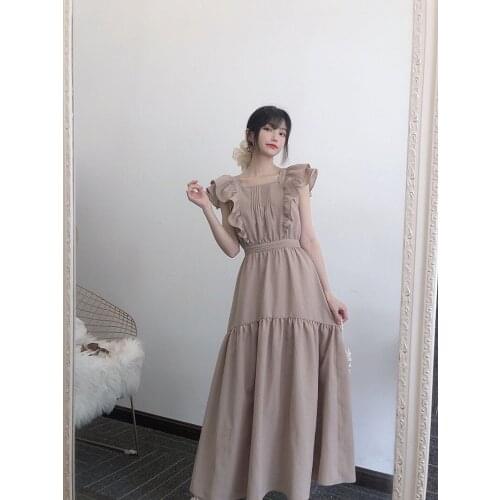 2021 summer new womens Retro small fly sleeve cotton hemp waist dress