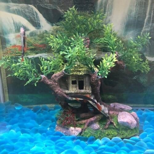 Birds Nest Aquarium Fish Tank Landscaping Decoration Vintage House Resin Old Wood Ornament Hideaway Plastic Flower Tree Decor