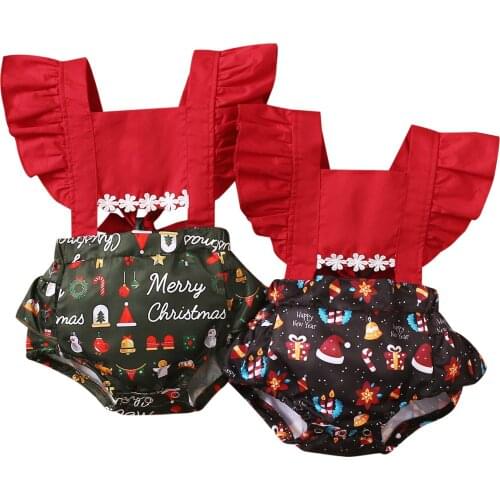 Infant Baby Girls Christmas Romper, Cartoon Printed Splicing Frilly Square Neck Backless Tied Jumpsuit for Toddlers, 0-12 Months