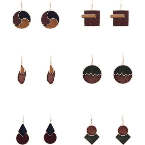 Geometric Shape Two Tone Natural Wood Earrings for Women Gold Color Frame Ins Style Boutique Jewelry Wholesale