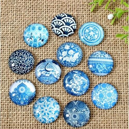 Fresh Blue and White Porcelain Mosaic Printed Picture Glass Half Round Dome Cabochons Tiles for Jewelry Making, Floral Series