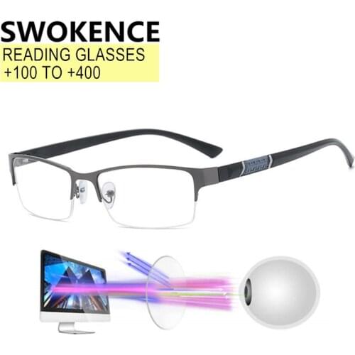 SWOKENCE Anti Fatigue Reading Glasses Women Men Business Half Alloy Frame Anti Blue Light Hyperopia Presbyopic Spectacles R502