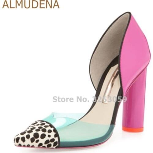 ALMUDENA Gorgeous Sweet Style Pink Chunky Heels Leopard Pointed Toe Pumps Nice Transparent PVC Patchwork Thick Heel Dress Shoes