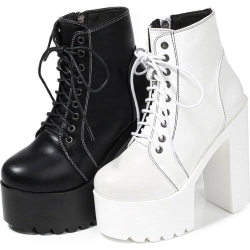 Hot Fashion New Waterproof 15CM Thick high-heeled shoes woman pumps wedding party shoes PU Lace Up Round Toe Wedding shoes women