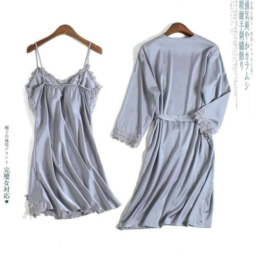 Spring And Summer Night Dress With Suspenders Sleepwear Long Sleeve Gown Sexy Silk Princess Lace Home Dress Two Sets Пижама