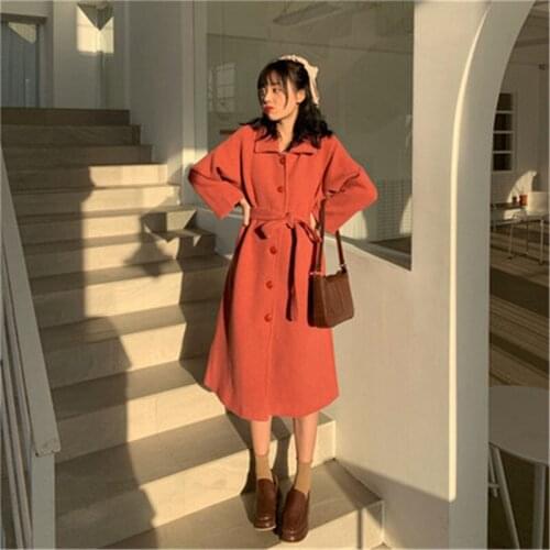 Vintage Casual Thicken Coats For Women Japanese-style Solid Notched Collar Long-sleeved Bandage Slim Mid-length Outwears Femme