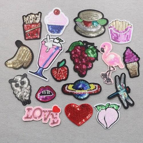 PGY Food&Fruits Embroidered Patches Iron On Sequins Appliques Peach Grape Ice Cream Patch Space Heart Owl Stickers Badges