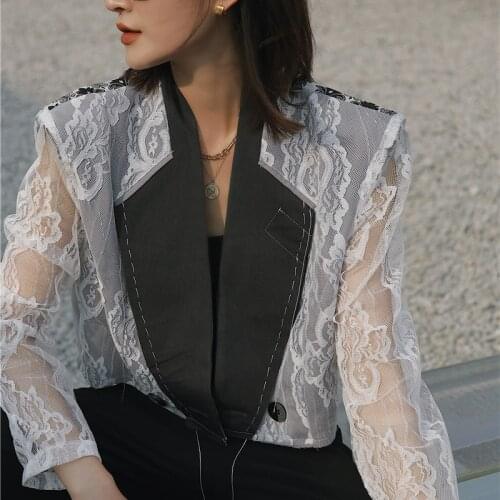 ZCSMLL Lace Stitching Turn-down Collar Jacket Female Design Sense Niche Long Sleeve Korean Fashion Summer Autumn Women Tops