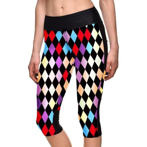 Women Running Summer Pants 3D Geometric Plaid Printing Jogging Workout Capris Plus Size