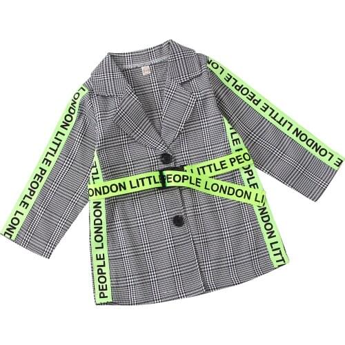 2020 1-6Y Fashion Kids Baby Girls Long Coats Winter Fall Plaid Print Letter Belt Button Cardigan Long Sleeve Jacket Outwear