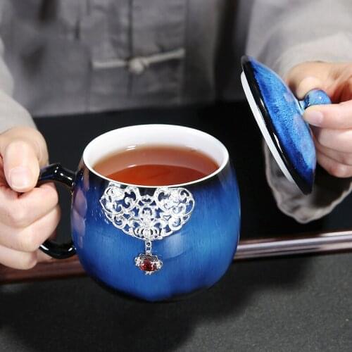 400ml retro teacup ceramic cup personal cup with lid and kiln change gilt silver tea cup mug office tea cup