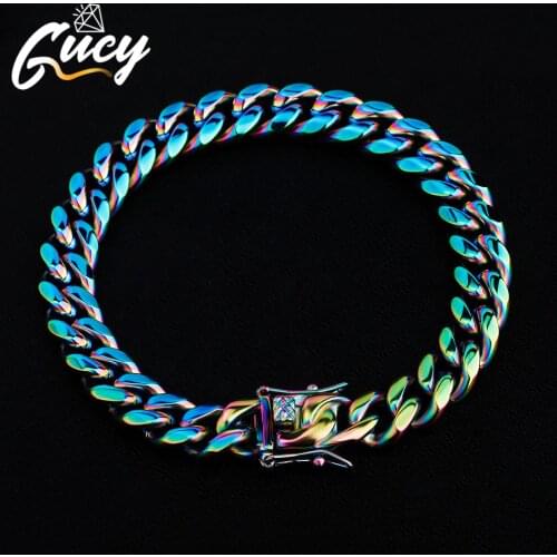 GUCY Fashion 10mm and 14mm Rainbow Color Mens Hip hop Stainless Steel Cuban Chain Jewelry Hip Hop Bracelet For Gift